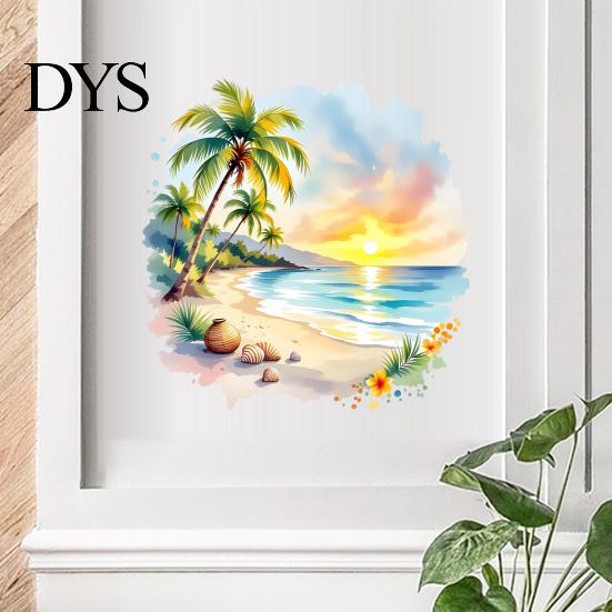 Healing Atmosphere Room Decoration Sunset Palm Tree Seaside Wall Decal, Watercolor Summer Beach Landscape Sticker, Creative Gift for Home Lovers