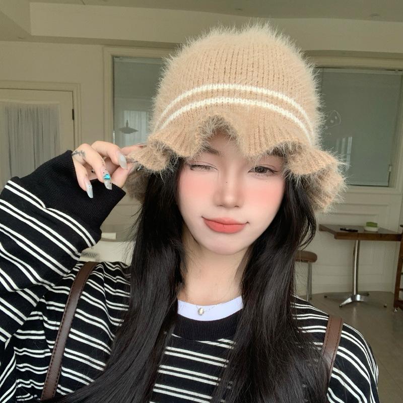 Japanese Autumn and Winter Hats for Women with Velvet Rabbit Fur Warm Hat Versatile Windproof Ear Protection Knitted Hat Lace Wool Hat