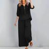 Damen Sommer 2-teiliges lässiges Leinen-Baumwoll-Outfit – Farblich besticktes Oberteil mit Dreiviertelärm und Cropped Hose, Leicht und atmungsaktiv