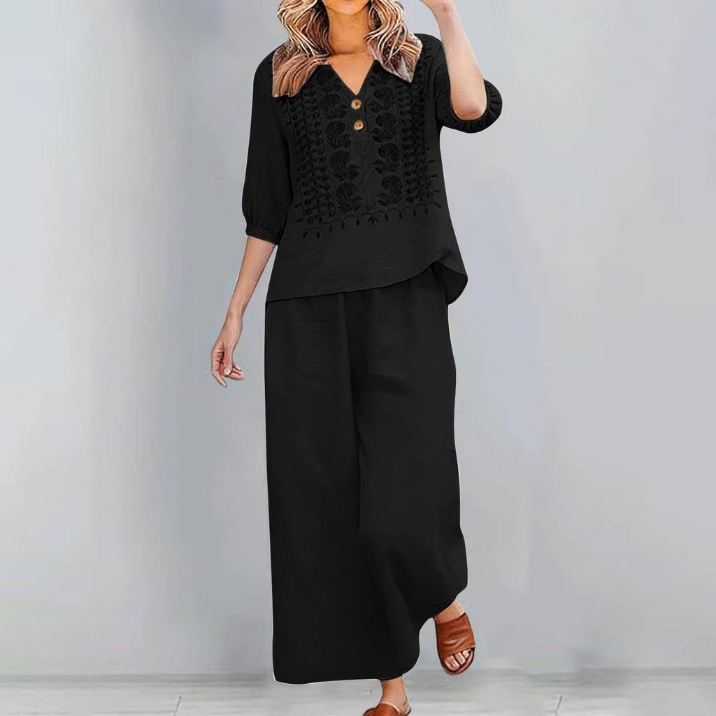 Damen Sommer 2-teiliges lässiges Leinen-Baumwoll-Outfit – Farblich besticktes Oberteil mit Dreiviertelärm und Cropped Hose, Leicht und atmungsaktiv