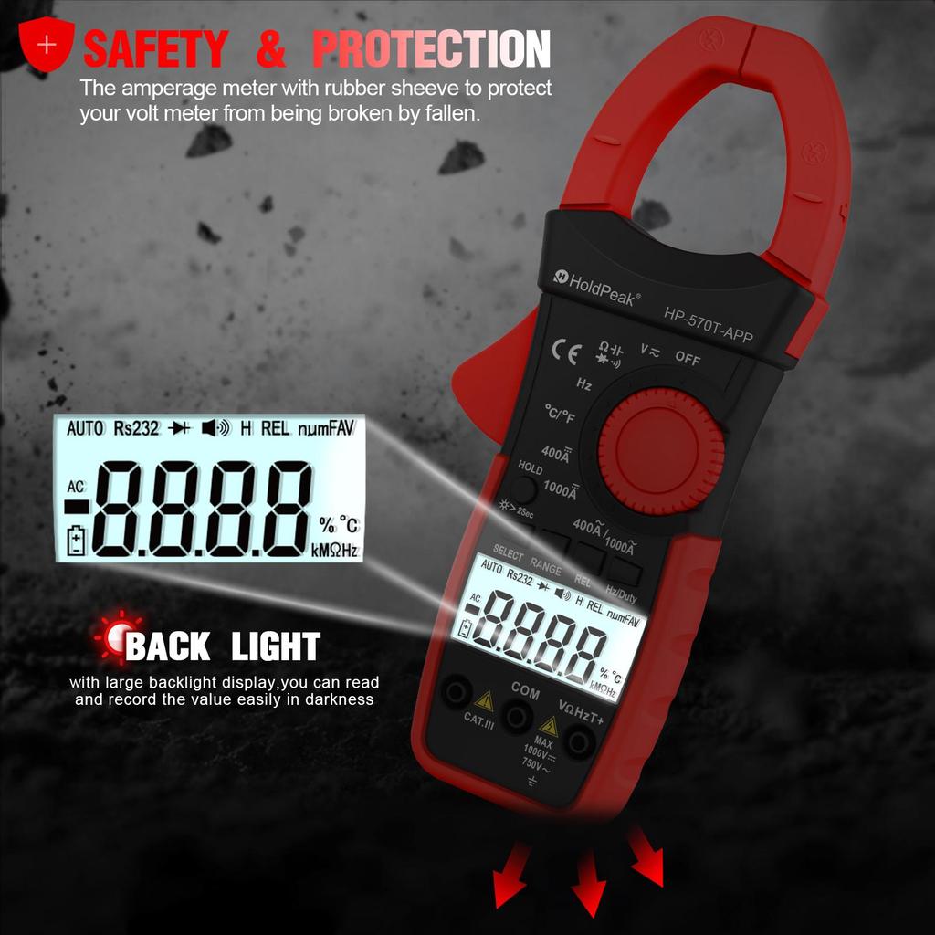 Digitales Zangenmessgerät HP-570T-APP 4000-Zähler-Multimeter mit automatischer Bereichswahl und DC/AC-Spannung und Strom, Widerstand, Temperatur und Frequenz