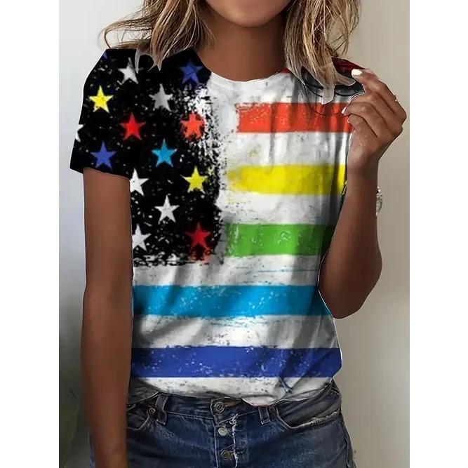 Summer Round Neck American Flag Theme Pattern 3D Print Top Fashionable Casual Short Sleeved Women's T-shirts