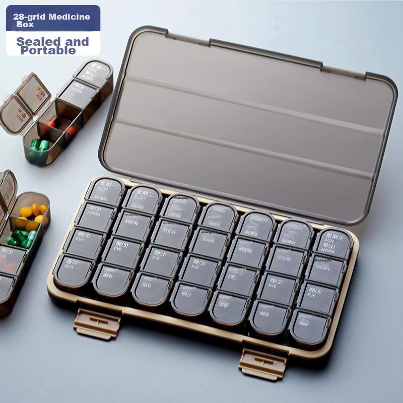 Jinlongxing Pill Organizer Box with 28 Compartments, Weekly Pill Reminder, Daily Medication Reminder, Portable Pill Dispenser for Elderly