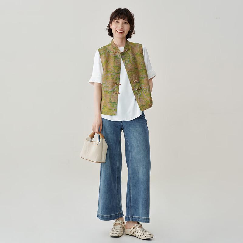 Feinikesi New Chinese Style Silk Linen Blend Jacquard Vest L