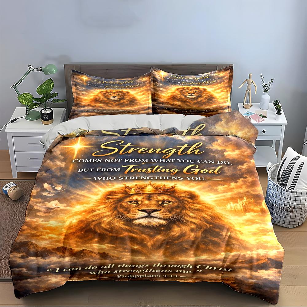 Lion and Bible Verse Bedding Set Design Bedding Set (1 Duvet Cover, 2 Pillowcases, Duvet Not Included)