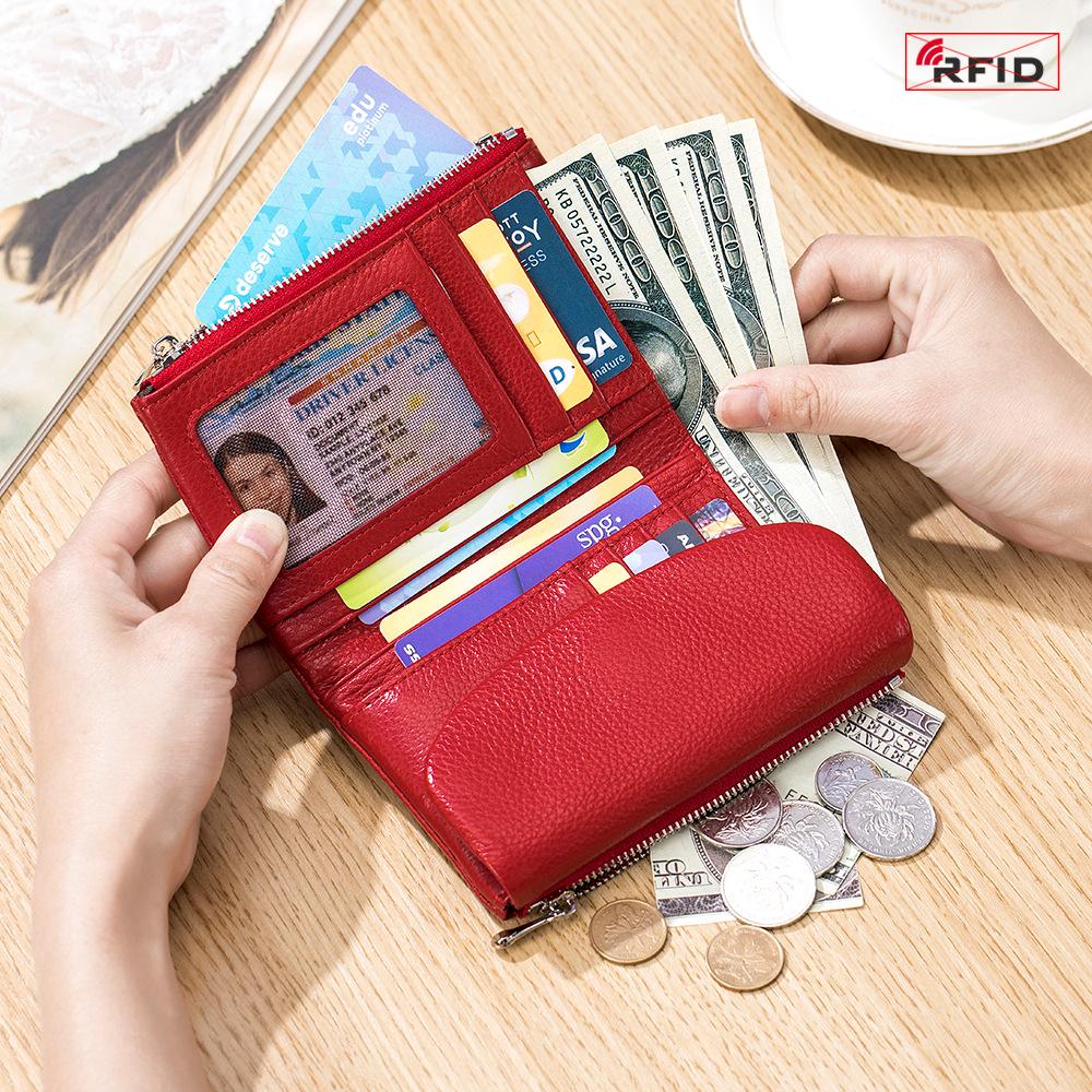 Damen-Clutch aus echtem Leder mit RFID-Schutz: Kurzes Mode-Portemonnaie mit großer Kapazität