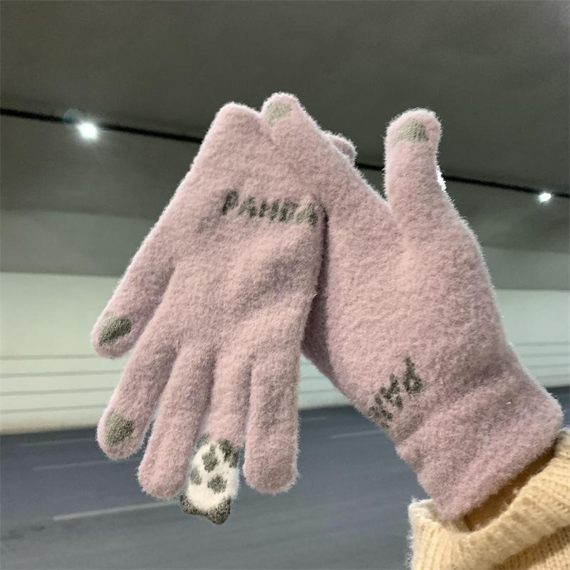 Winter Panda Gloves Korean Version of Cute Plush Warmth and Cold Riding Biker Students Touch Screen Windproof Gloves