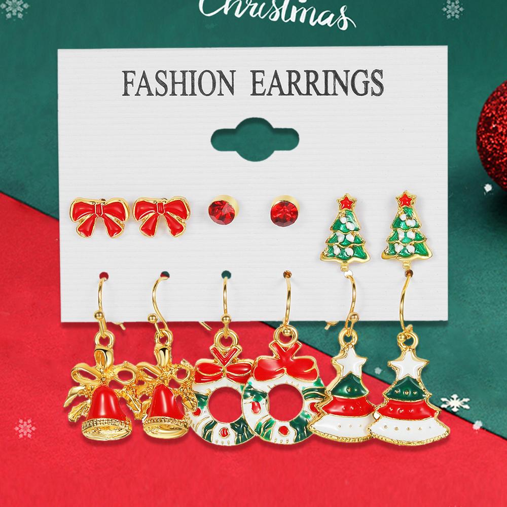

Рождественская серия 6 пар серег-снежинок и колокольчиков, комбинированный набор, трансграничные мультяшные серьги с эмалью в виде оленя и Санты красный