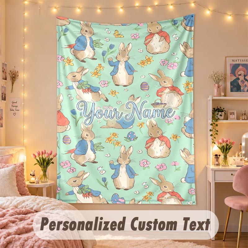 Custom Personalized Tapestry,Peter Rabbit Print Custom Name Text Wall Art Hanging for Bedroom