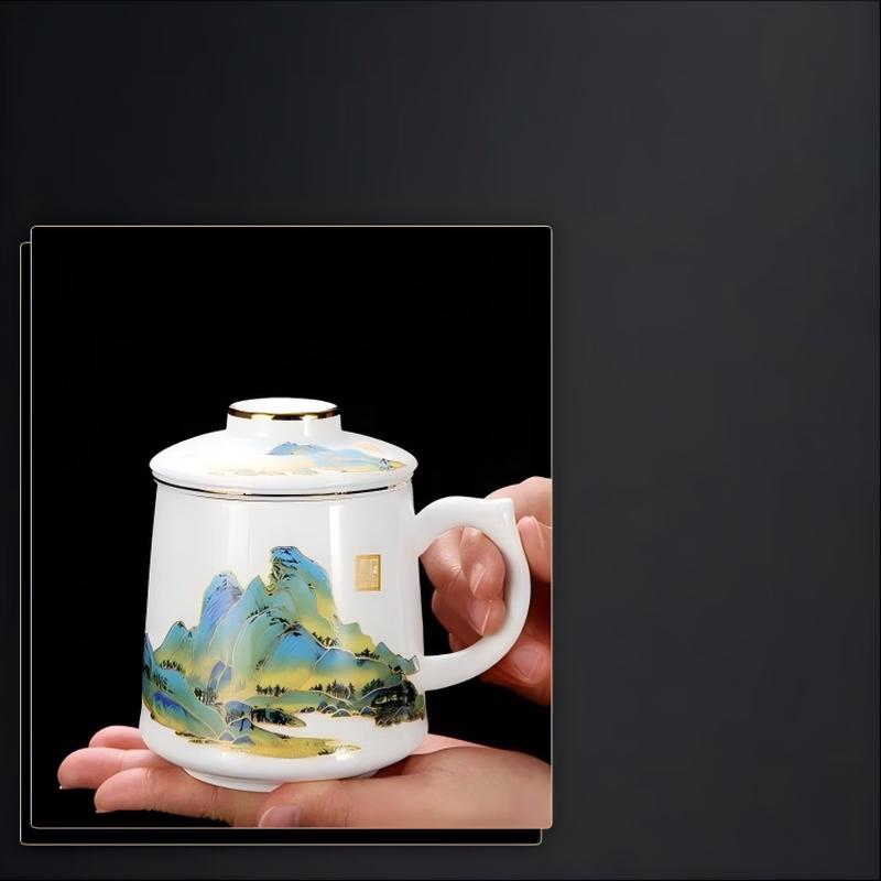Qianli Jiangshan Ceramic Tea Cup with Lid