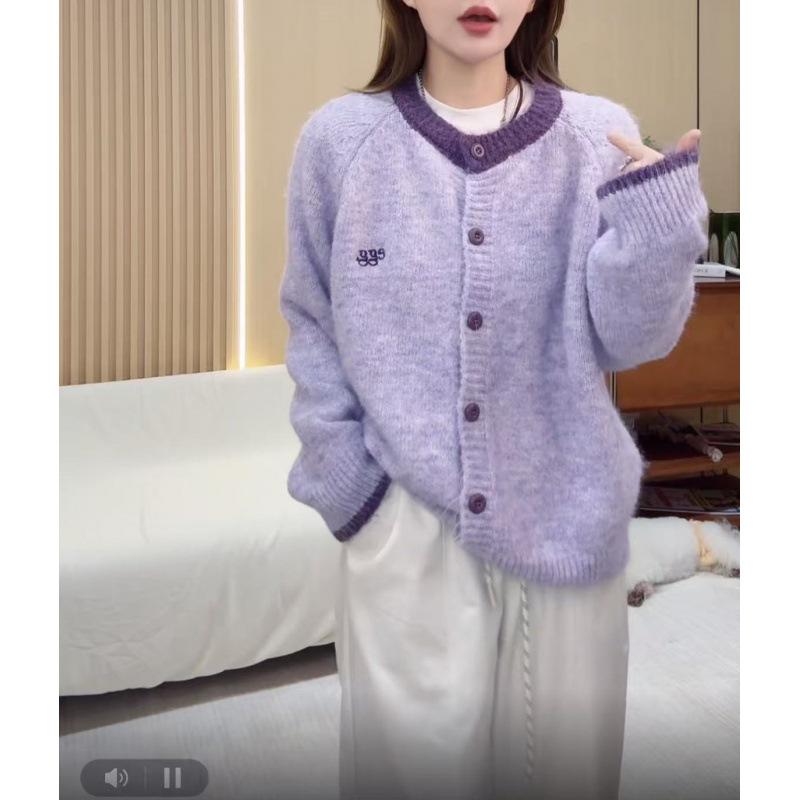 Egg Korean version of premium soft waxy camel wool color splicing knitted cardigan women's outer with round neck long-sleeved cardigan sweater
