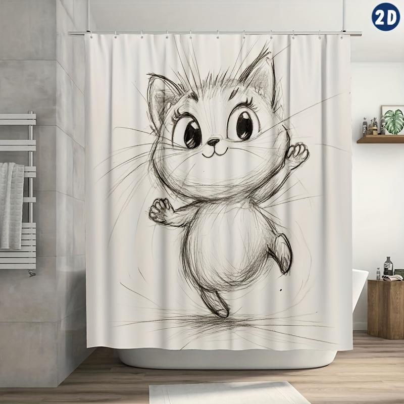

Adorable Cat Sketch Shower Curtain – Playful Cartoon Design, 70.8x70.8 Polyester with Hooks, Easy Clean Bath & Window Decor W90xH180cm
