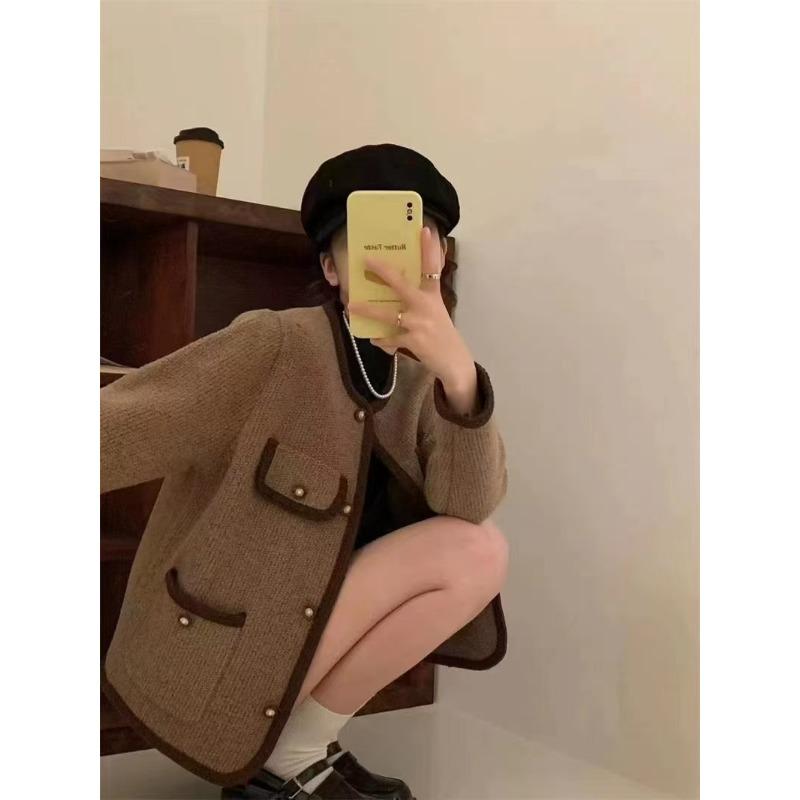 Temperament round neck versatile and thin imitation double-sided coat small autumn and winter cardigan women's trend
