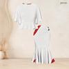 Women Plus Size Round Neck Batwing Sleeve Printed Red Blue White Ruffle Top Fishtail Skirt Two Piece Set