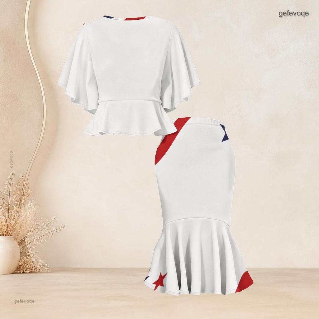 Women Plus Size Round Neck Batwing Sleeve Printed Red Blue White Ruffle Top Fishtail Skirt Two Piece Set