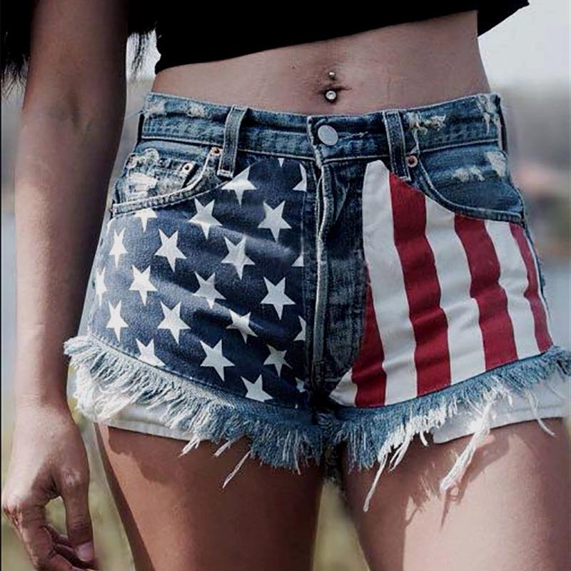 Jeans wish tassel star print denim women s shorts S синий