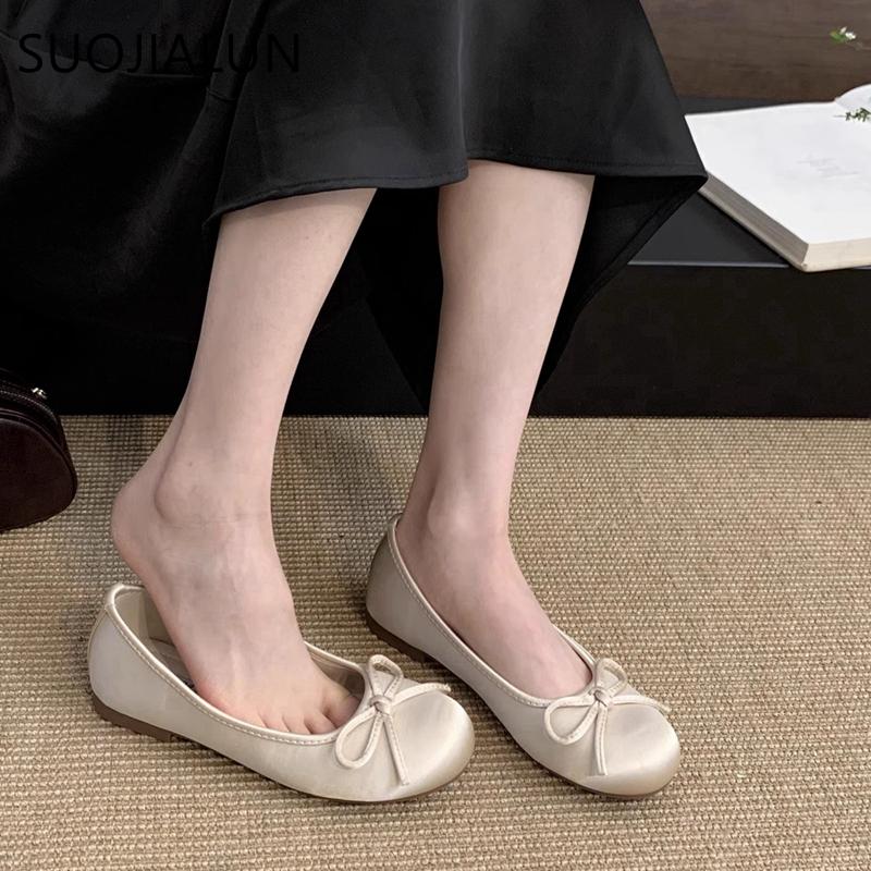 Fashion SUOJIALUN Spring New Women Flat Shoes Fashion Round Toe Shallow Slip On Ladies Casual Ballerina Shoes Soft Flat Ballet Shoes