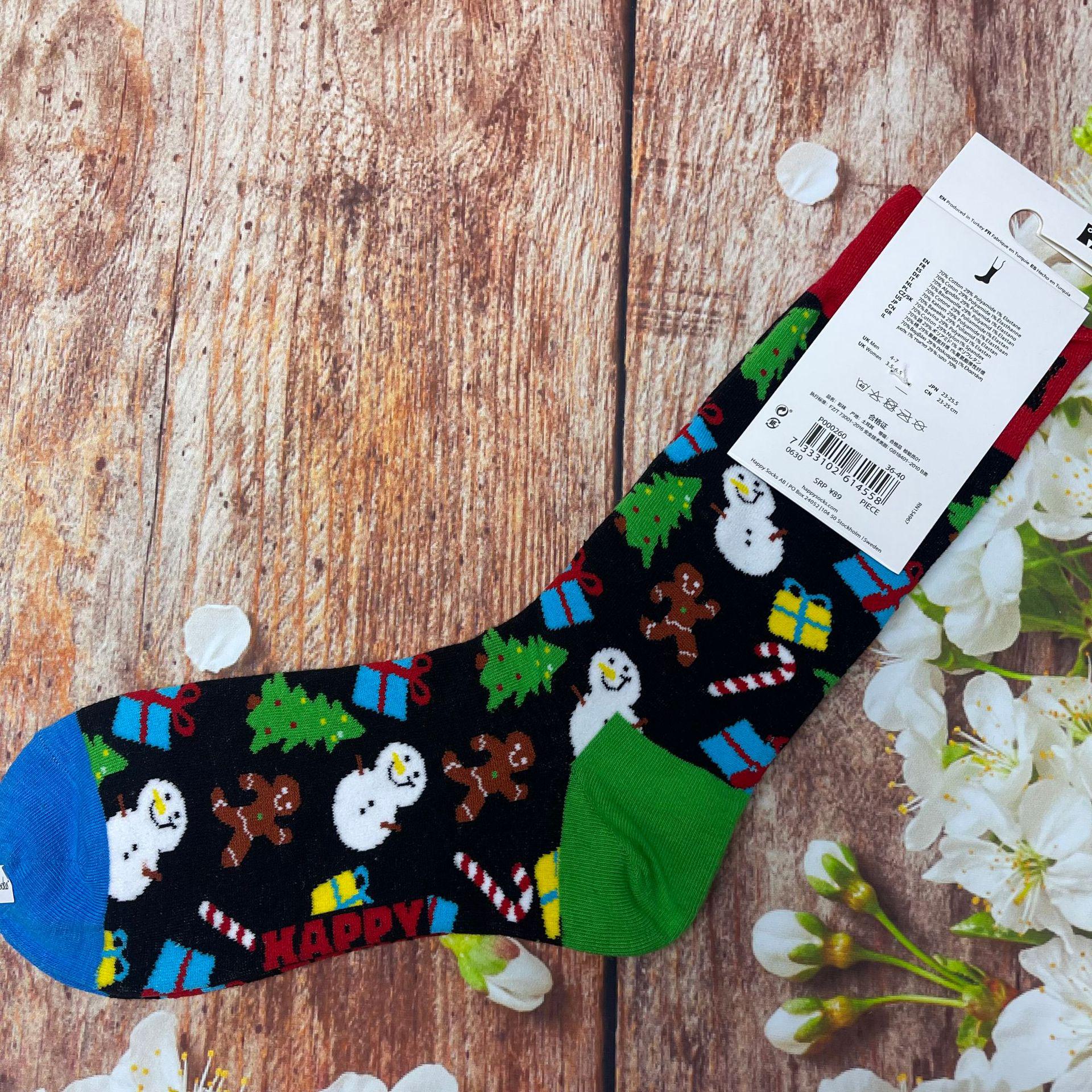 Женские цветные носки до середины икры HappySocks с рождественской елкой и снеговиком