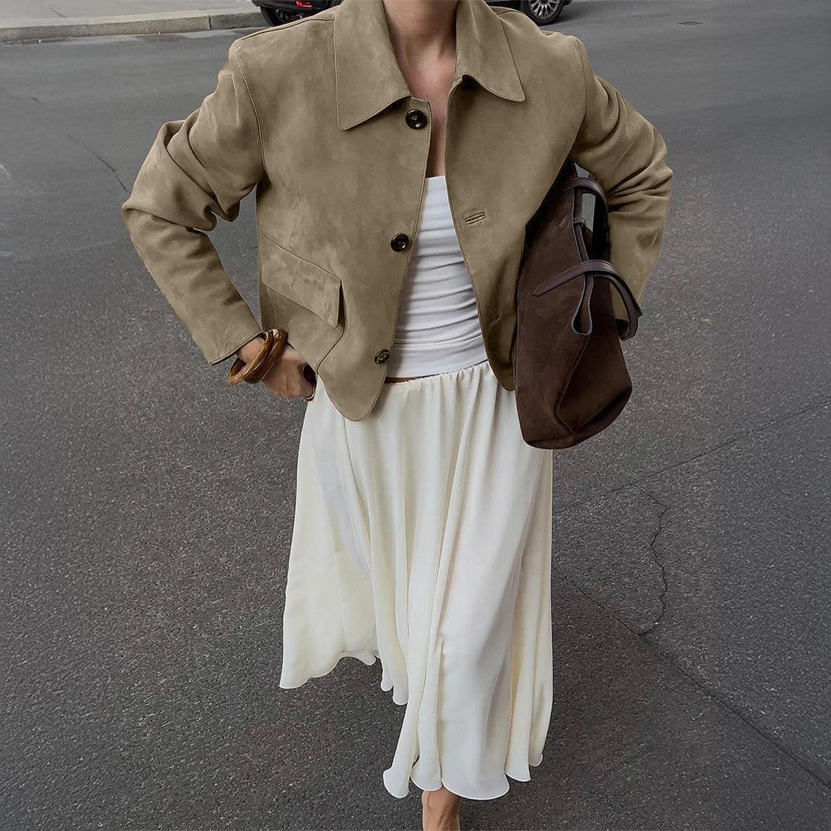 

2026 Spring and Autumn Casual Commuting Buttoned Jacket for Women, Solid Color Long Sleeve Turn-down Collar Jacket XS хакі