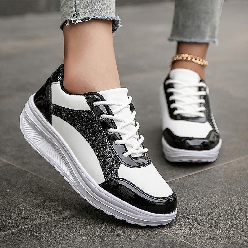 Women's Pure Color Sequins Sneaker Lace-up Platform Sequined Decorative Walking Rock Shoes High Top Sneakers Sneaker