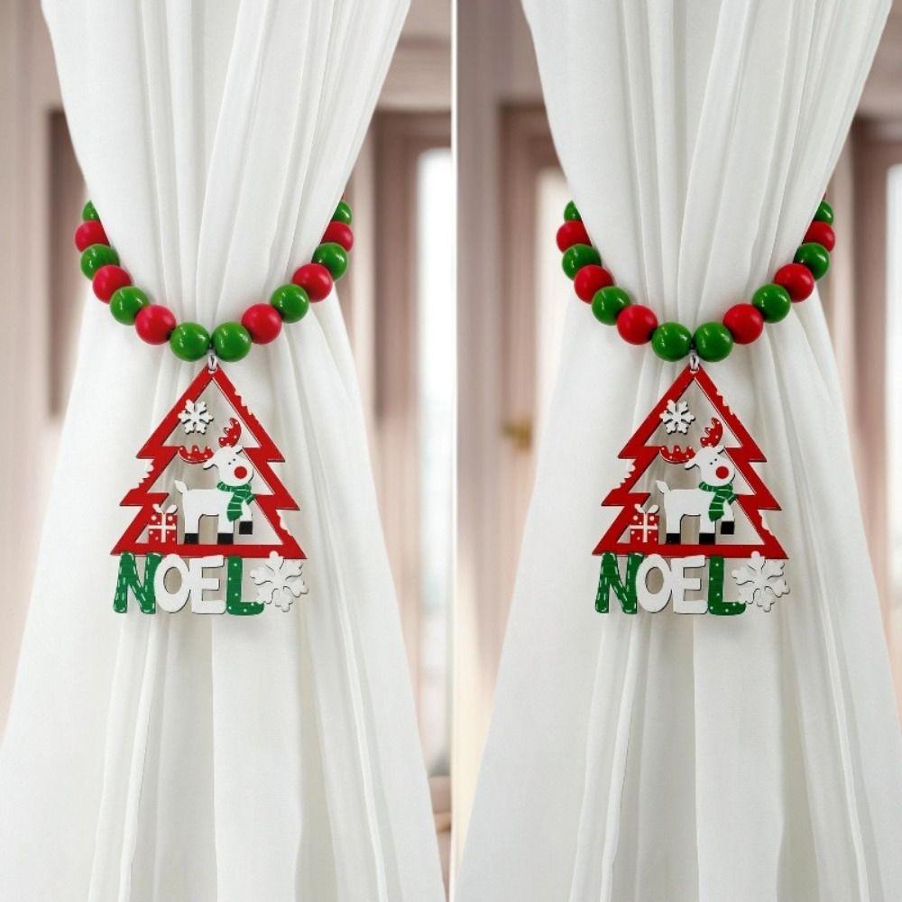 Boho Style Christmas Curtain Ties Reusable Creative Curtain Tiebacks Cartoon Beaded Wooden Bead Curtain Holdbacks