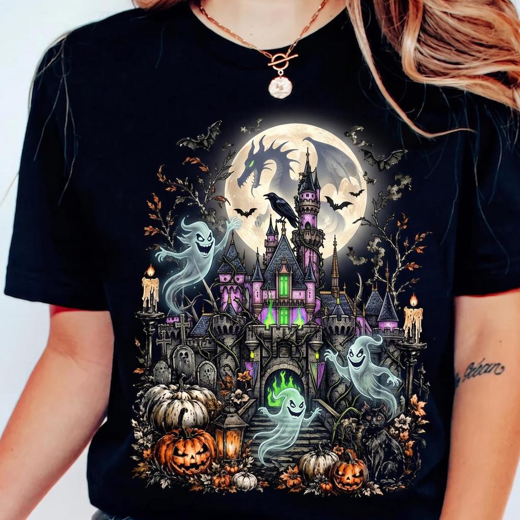 Spooky Castle Halloween Shirt Retro Maleficent Dragon Haunted Tee Magical Gothic T-Shirt Cute Ghost Pumpkin Witchy Tops