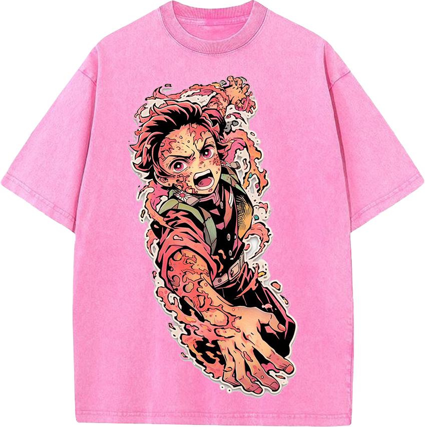 Japan Anime Demon Slayer Kamado Tanjirou Printed Tshirt Men Casual Cotton T-shirts Vintage Washed Tee Harajuku Male T Shirt
