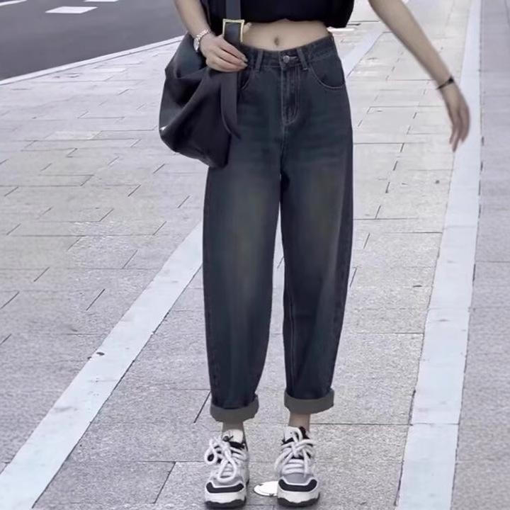 Women's High-Waisted Plus Size Velvet Harem Jeans - Retro Slimming Loose-Fit for Spring