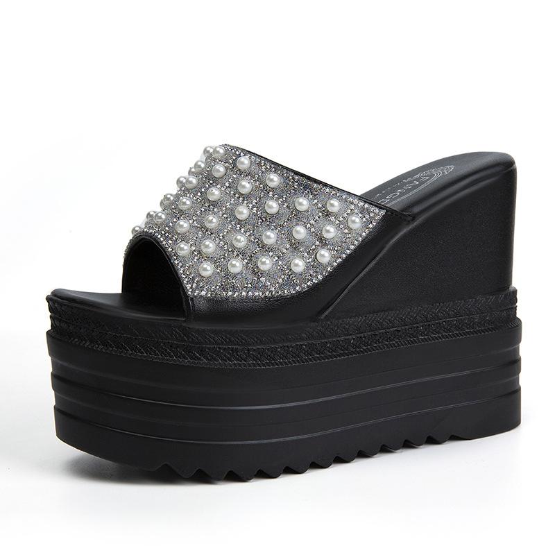 

Women High heel Fashion Summer Outside slippers Sweet Pearl rhinestones Flip flops slides Platform Beach Shoes Non-slip Sandals 39
