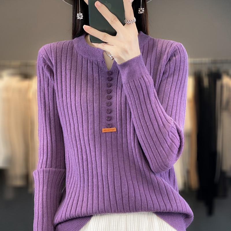 2023 Autumn Women's Slim Fit Long Sleeve Button Knit Pullover with Round Neck
