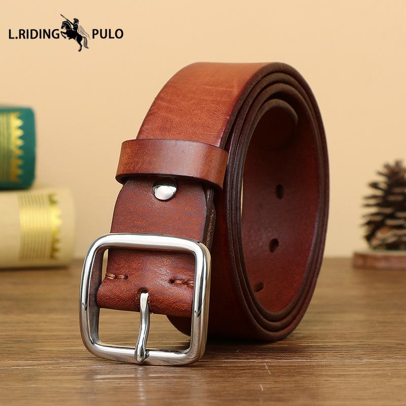 Stainless Steel Buckle Belt for Men, Genuine Leather Pin Buckle, Top Layer Cowhide, Korean Style, Retro Fashion, Trendy, Versatile Casual Trouser Belt
