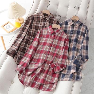 Women's Brushed Plaid Shirt, 2026 Spring Retro Hong Kong Style, Versatile Long Sleeve Plus Size, 200 Jin.
