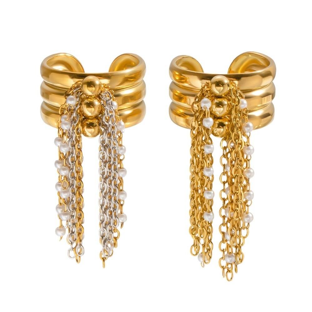 Three-Layer Tassel Ring Beaded Chain Open Finger Ring Gold Color Plated Ring Jewelry Accessories