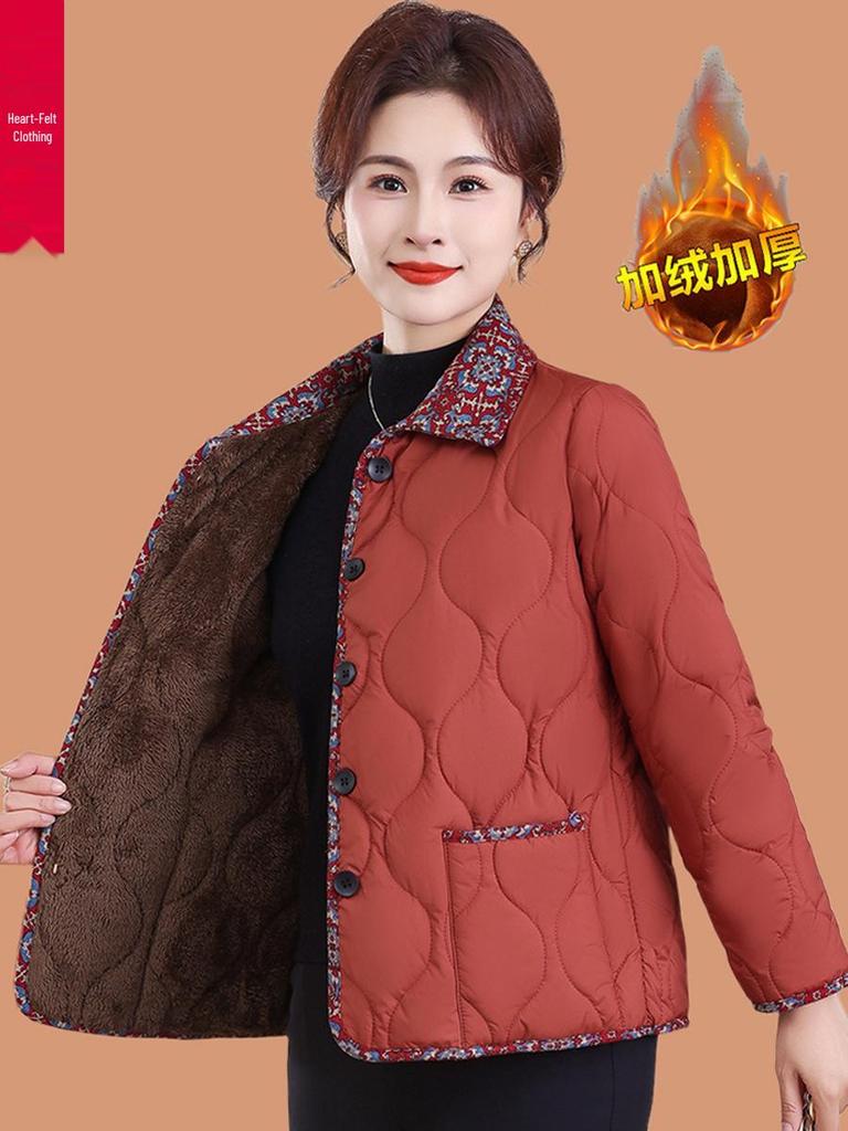 Chic Autumn/Winter Cotton Jacket with Fleece for Middle-Aged and Elderly Women, Warm Short Coat