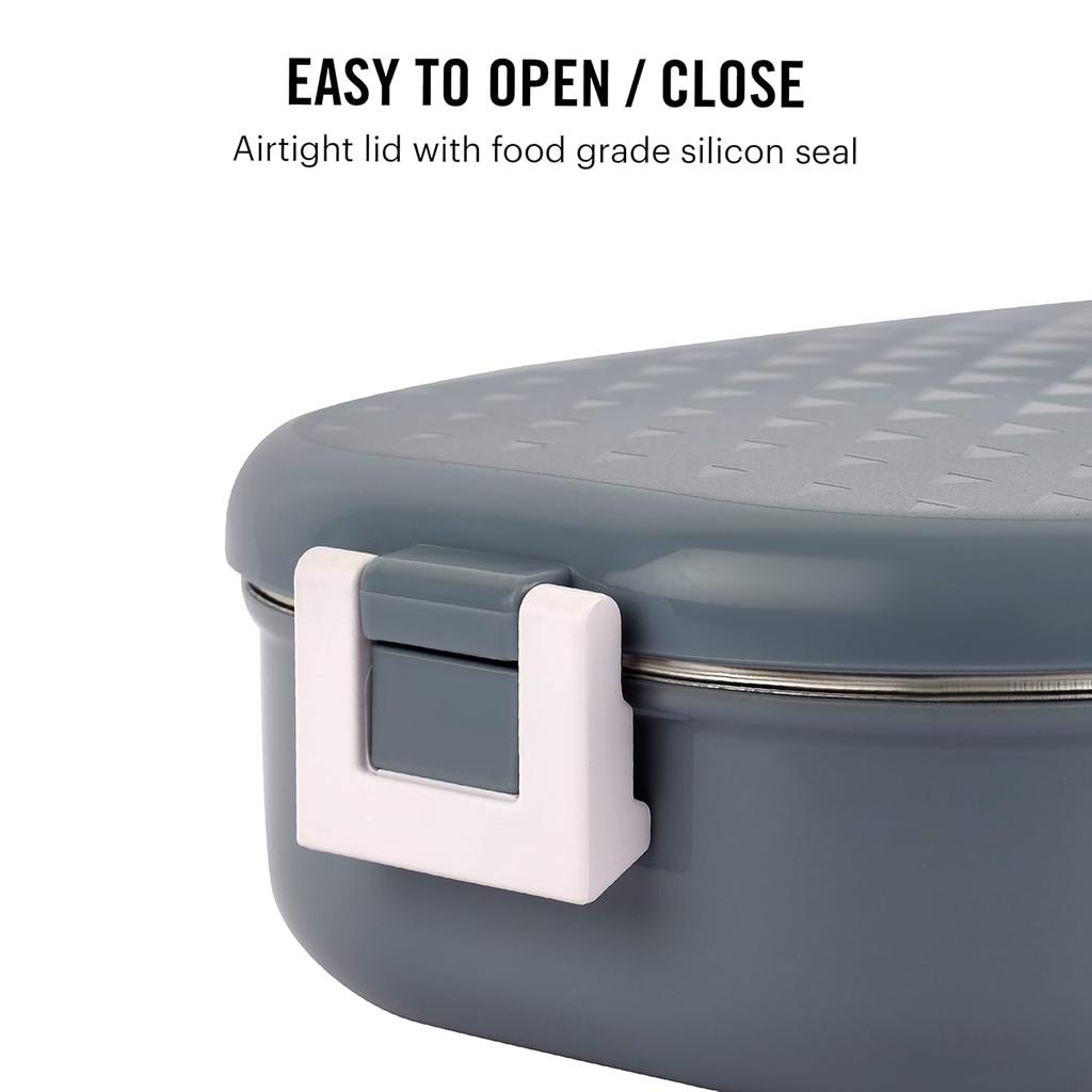 Insulated Steel Lunch Box For Kids School Picnic Use With Leak Proof Lid And Veg Box In Grey With 700ml Capacity