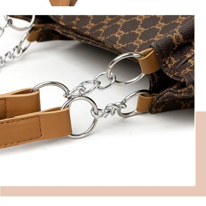 Women's Retro Fashion PU Soft Leather Commuter Large Capacity Tote Bag Fashionable Women's Old Flower Pattern Shoulder Bag