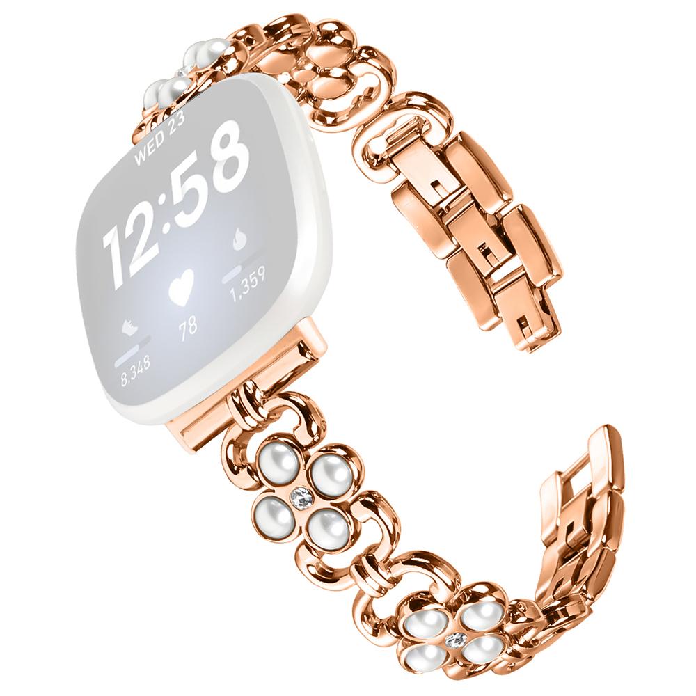 

For Fitbit Versa 4/Fitbit Sense 2 Watch Strap Pearl Decor Four Leaf Clover Stainless Steel Wrist Band Rose Gold
