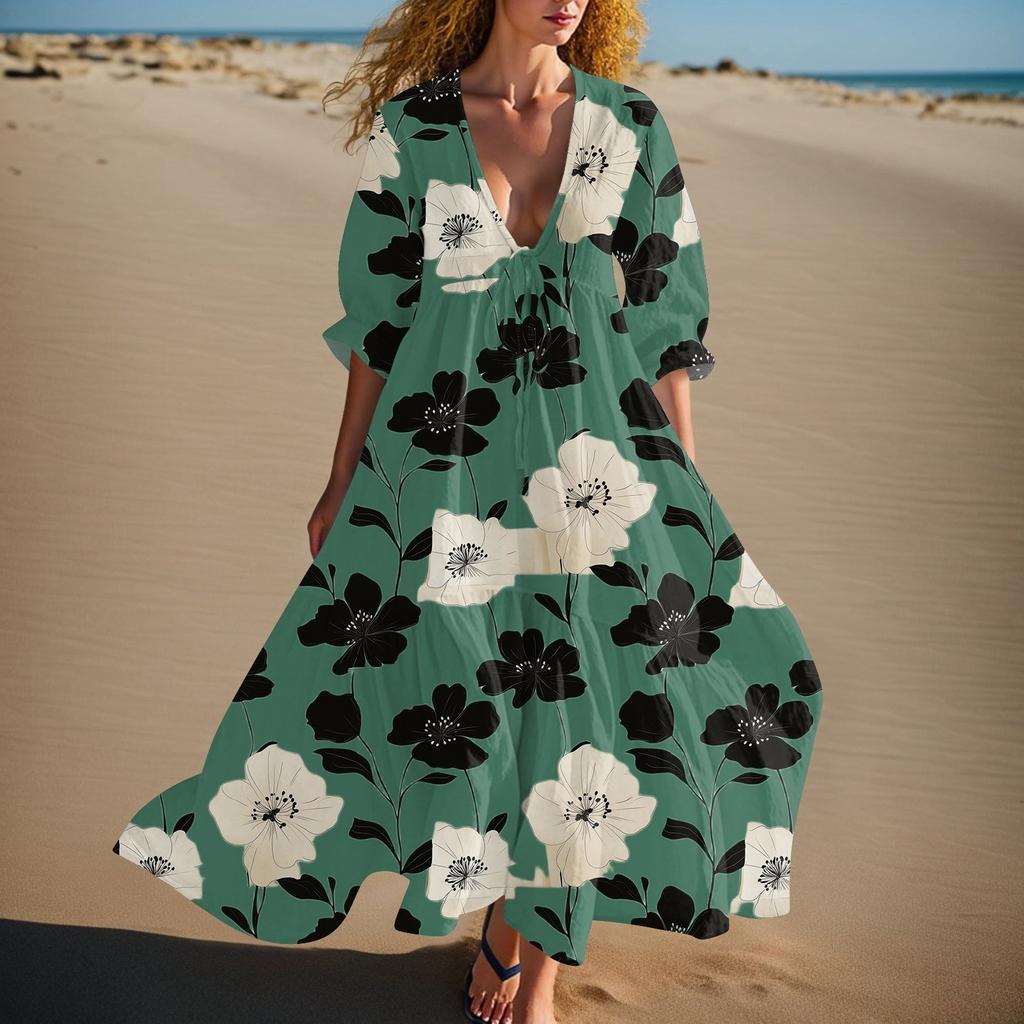 Women's Summer Fashion V-neck Retro Floral Print Short Sleeved Beach Dress With Lace Patchwork Dress