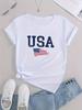American Flag Graphic Casual Sports T-shirts, USA Letter Fashion Round Neck Short Sleeve Tops For Women, Women's Tops
