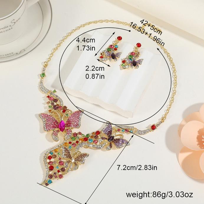 Vintage Colorful Crystal Butterfly Necklace Earrings for Women Rhinestone Weddings Banquet Party Jewelry Set