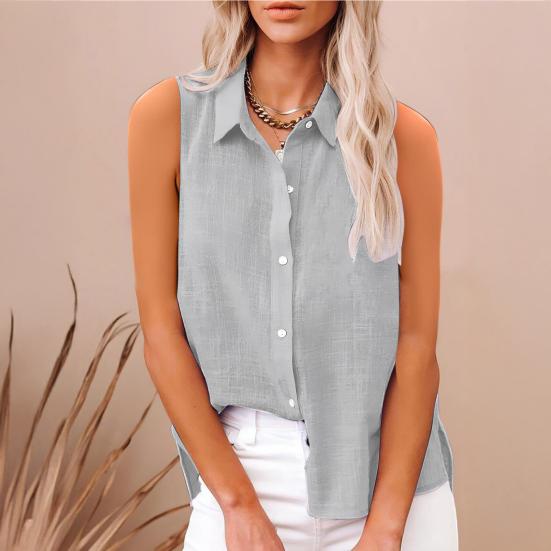 Women Shirt Lapel Sleeveless Button Down Shirt Pure Color Loose Fit
