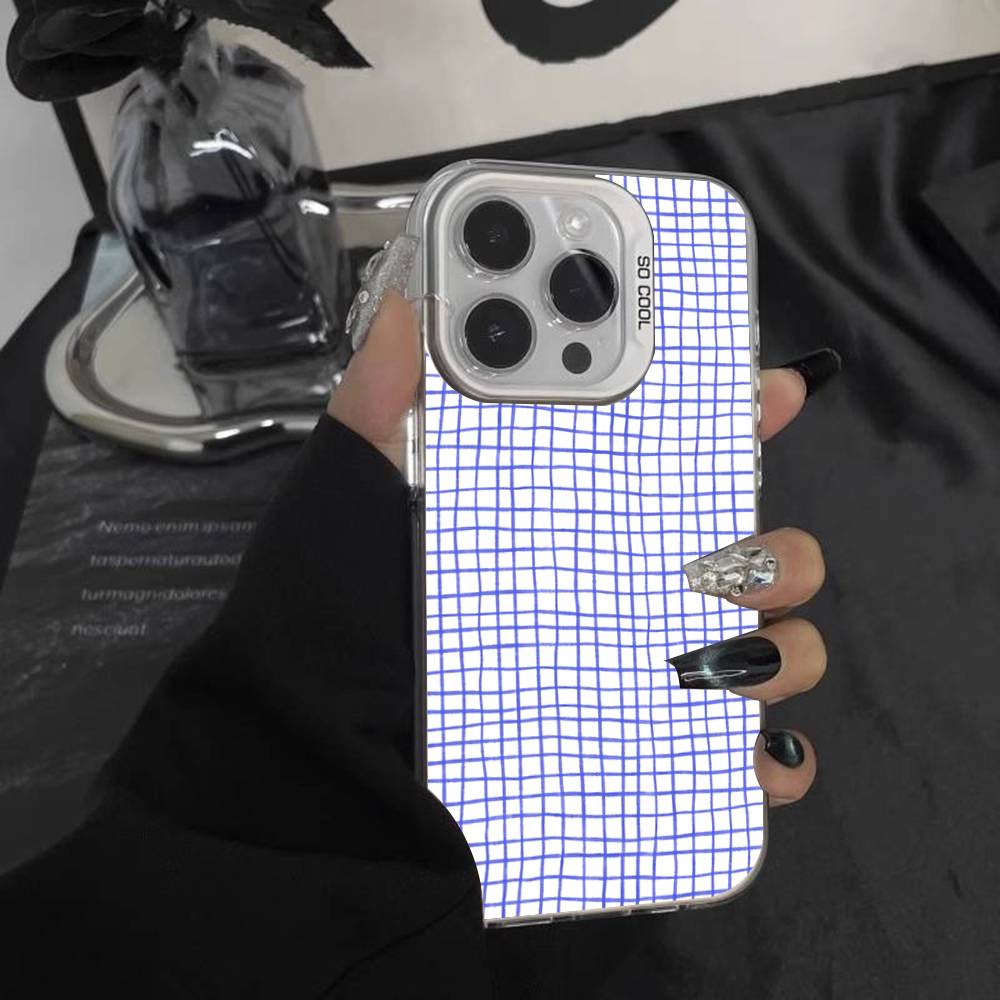 Ins Korean Blue Striped Grid Phone Case For iPhone 17,16,15,14,13,12,Pro,XS,Max,Plus,Mini,SE White Candy Matte Shockproof Cover