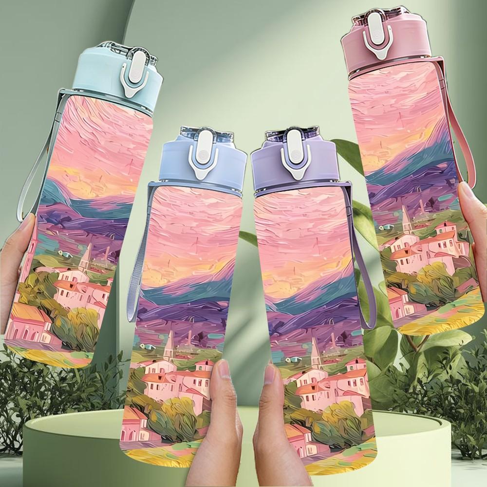1PC Pink Sunset Mountain Village Landscape Art 750ml Color Plastic Sports Water Bottle Leakproof Flip Straw Lid Suitable for Sports Office Home Use