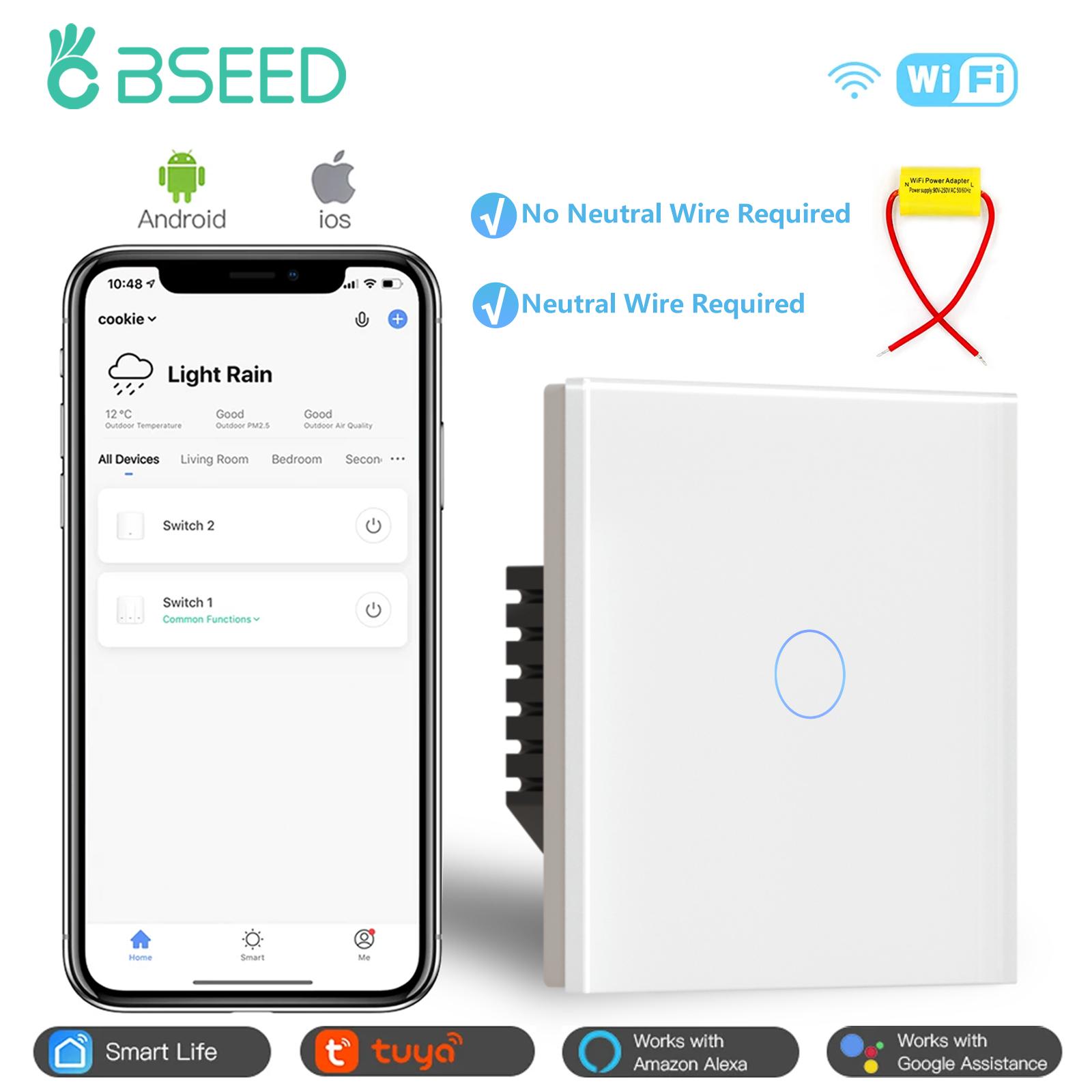 

BSEED 1/2/3Gang Wifi Touch Light Switches Tuya Smart Life App Control EU Standard Crystal Glass Panel With Capacitor White