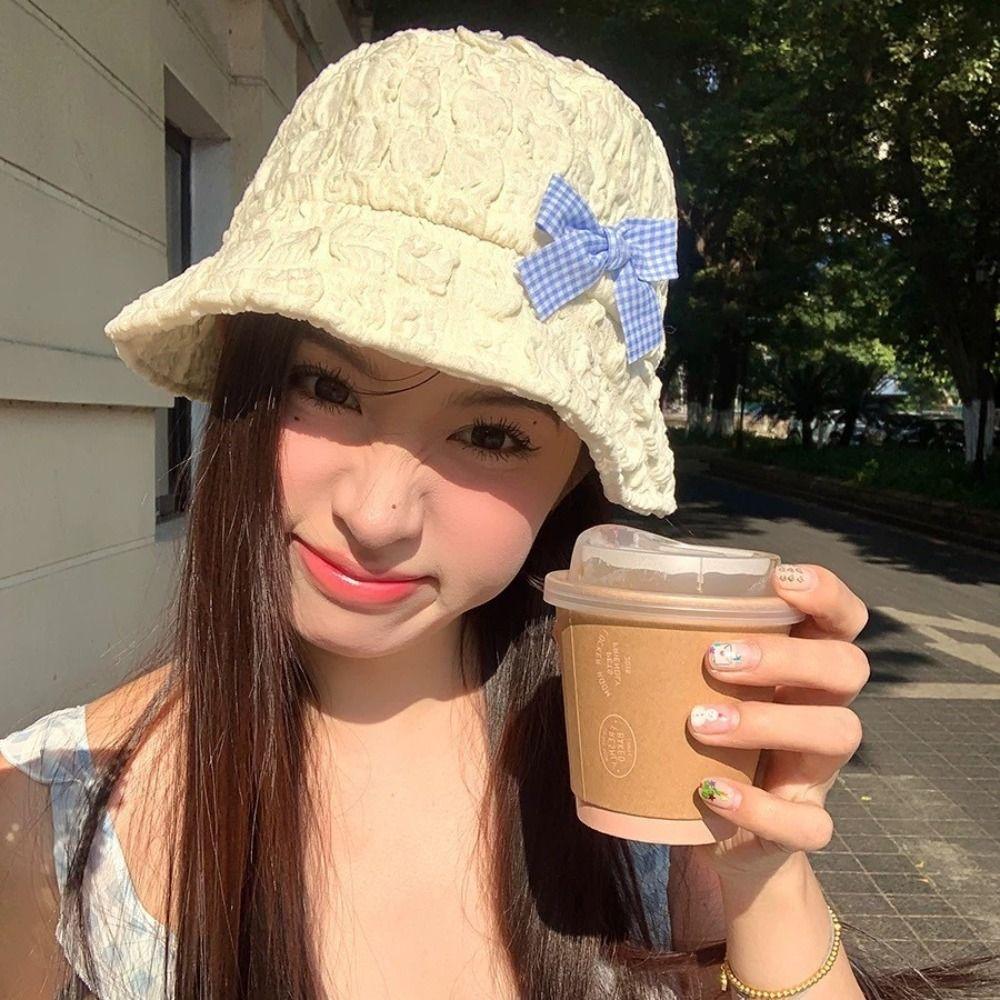 Stylish Seersucker Caps Lightweight Sunscreen Hat Ins Bucket Caps  Outdoor