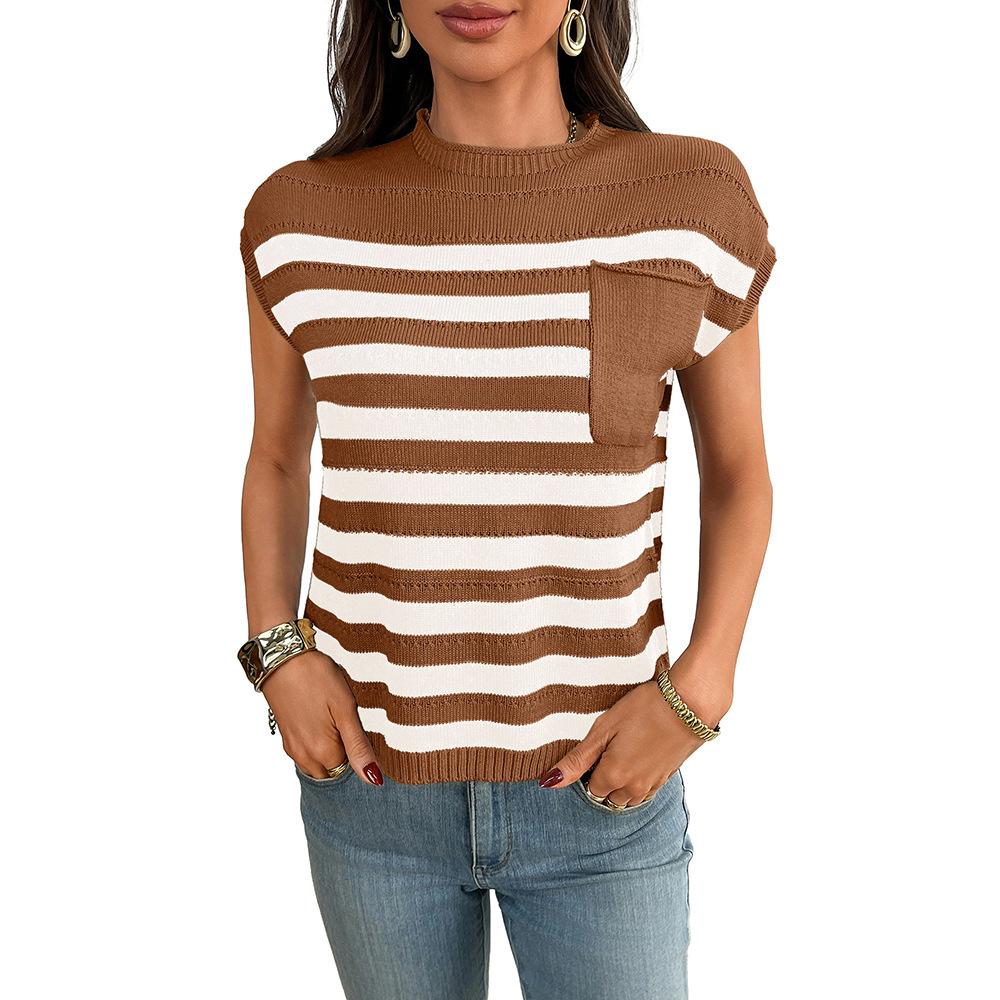 Women's Three‑Quarter Sleeve Knit Top Crew Neck Vintage Striped Pullover Sweater