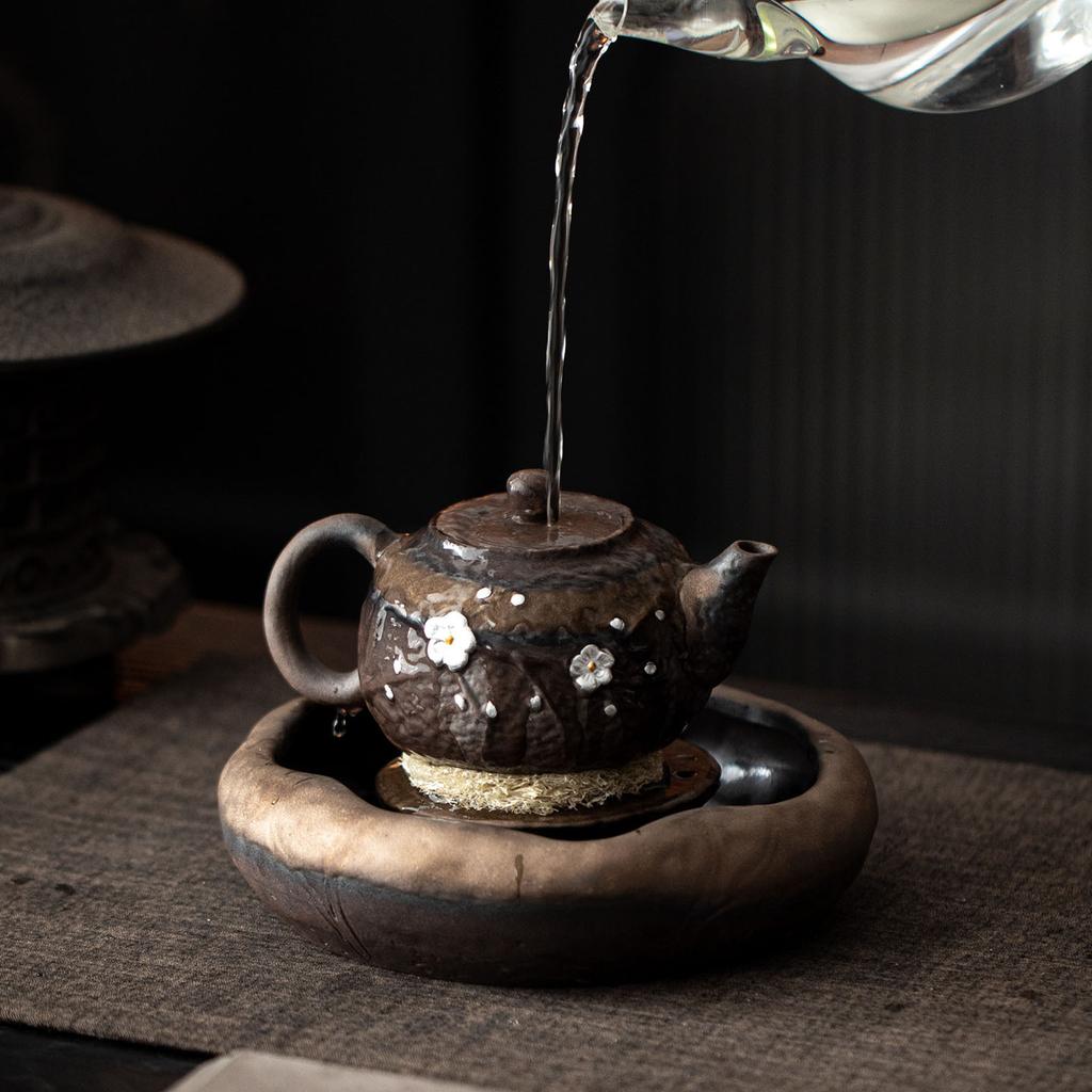 Lotus Pond Teapot Holder Retro Water Storage Small Tea Tray Coarse Pottery Tea Tray Tea Set Heat Insulation Mat Serving Tray
