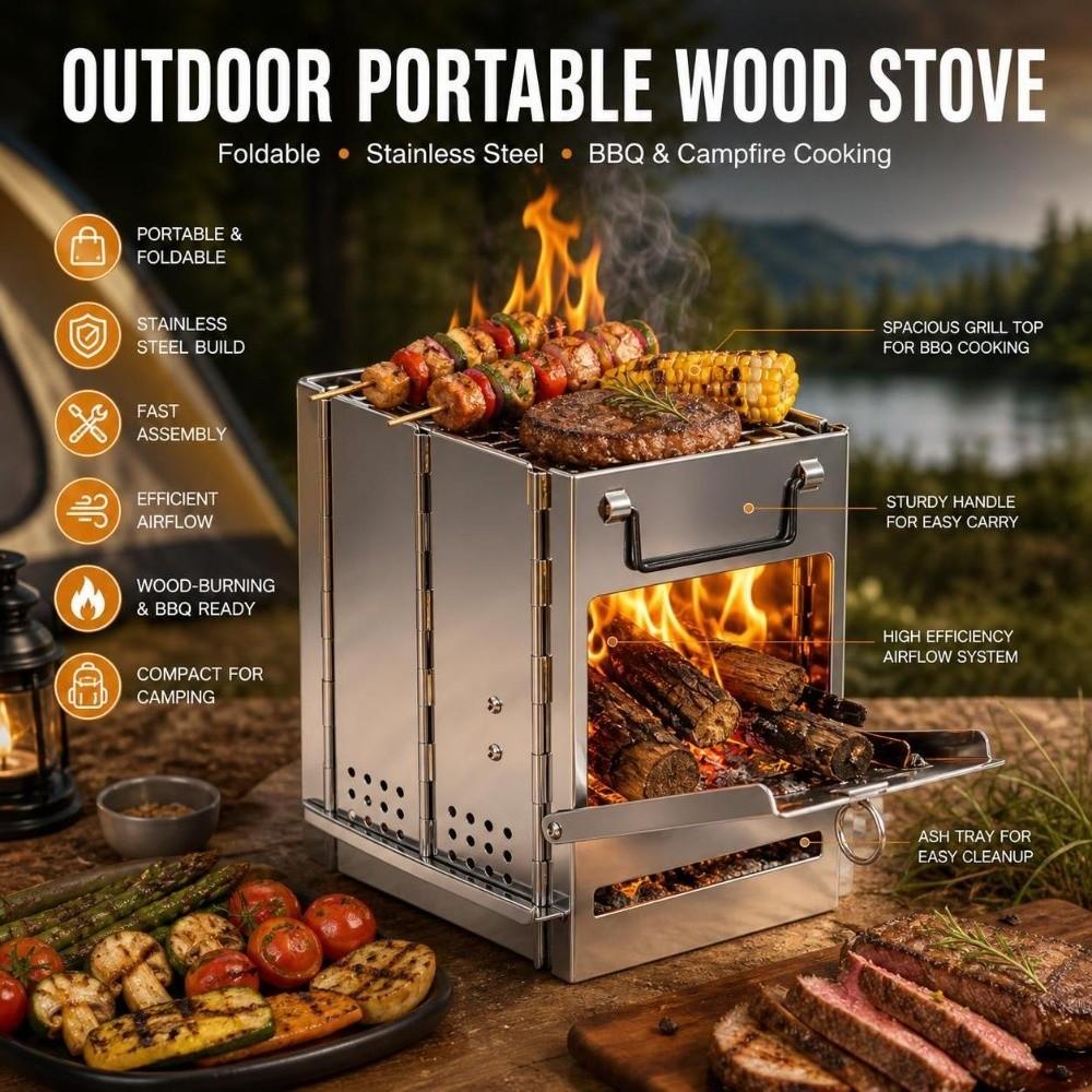 Stainless Steel Folding Camping Wood Stove Portable Backpacking BBQ Grill  Backyard