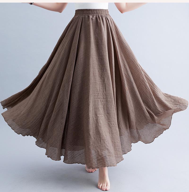 "Mori Girl Plus Size Cotton-Linen Elastic Waist A-Line Skirt, Ethnic Style, 24 Solid Colors"