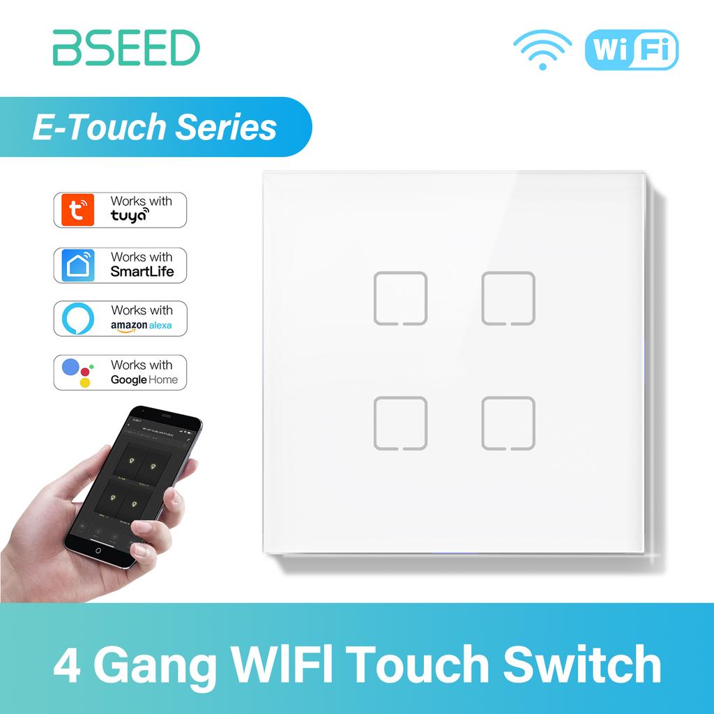 BSEED 1/2/3/4Gang WIFI Dotykový vypínač Skleněný Chytrý nástěnný vypínač Dotyková obrazovka Podsvícení Telefon Rychlé nabíjení USB C Zásuvka Řada E